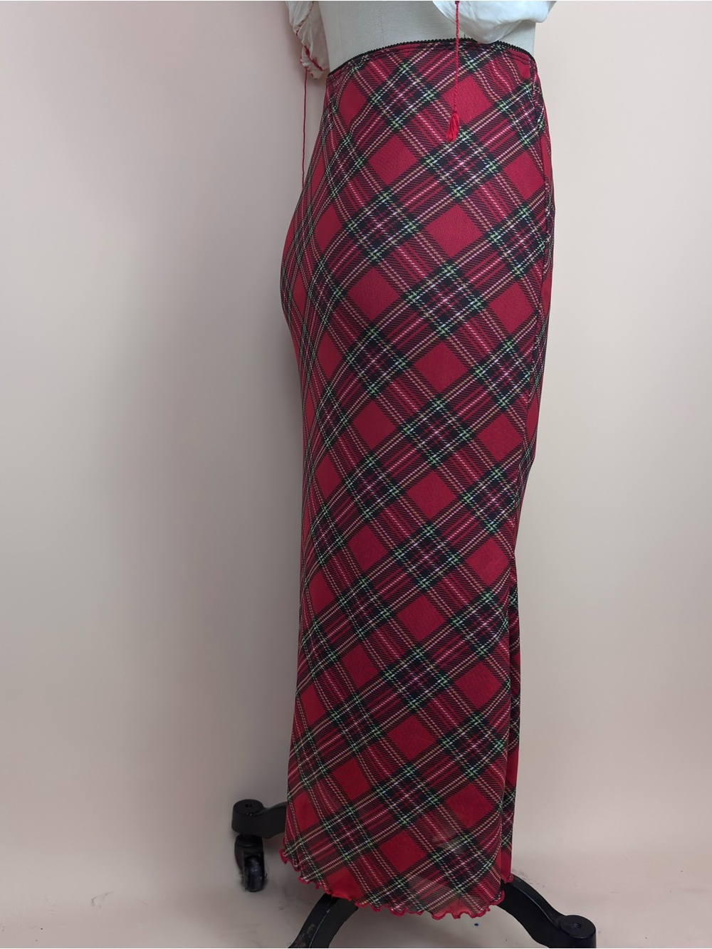 Red Tartan Plaid Mesh 90s Midi Skirt Small - Picture 5 of 7